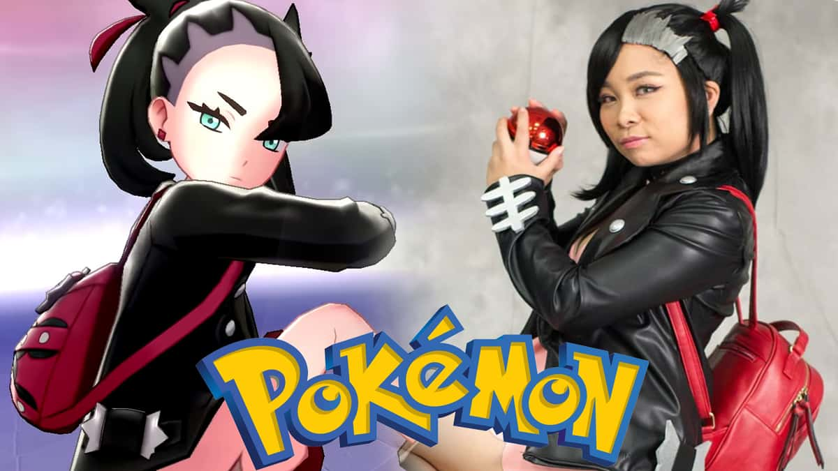 Screenshot of Pokemon Sword & Shield character next to cosplayer.