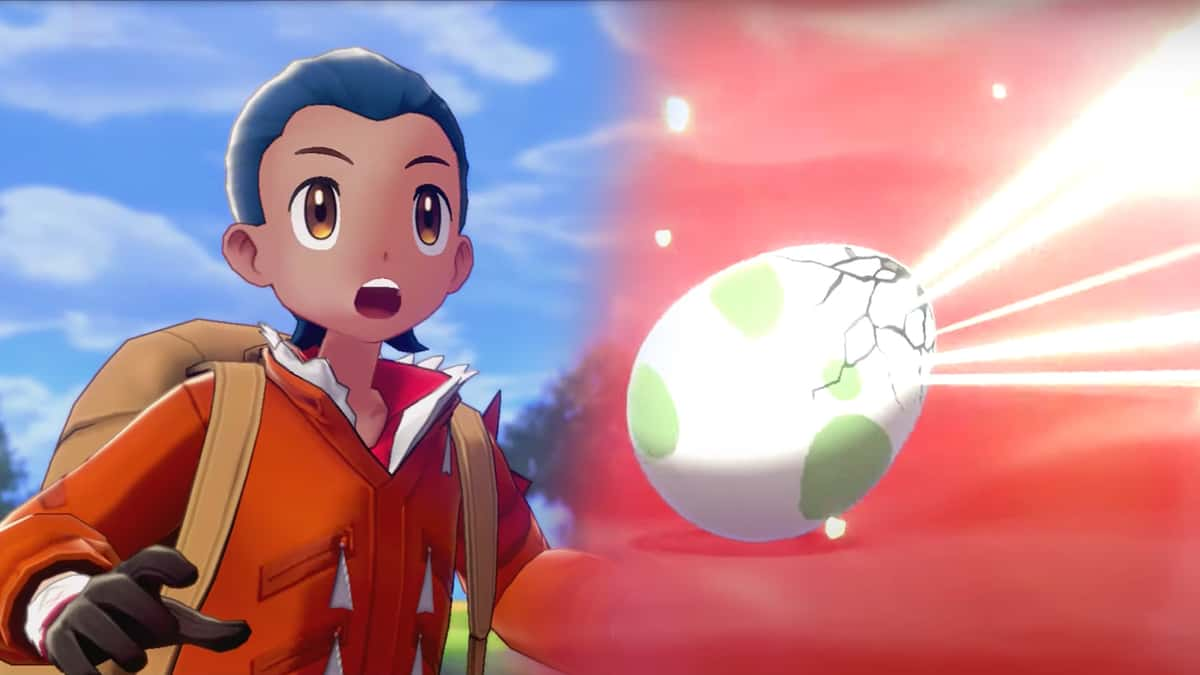 Screenshot of Pokemon Sword & Shield protagonist next to egg hatching.