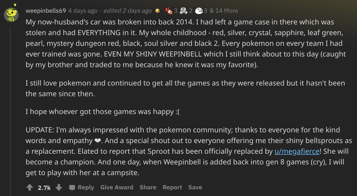 Screenshot of Reddit user telling tragic Pokemon story.