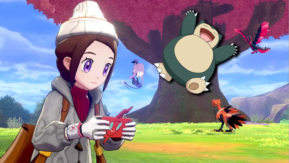 Screenshot from Pokemon Sword & Shield Crown Tundra with Flying Snorlax.