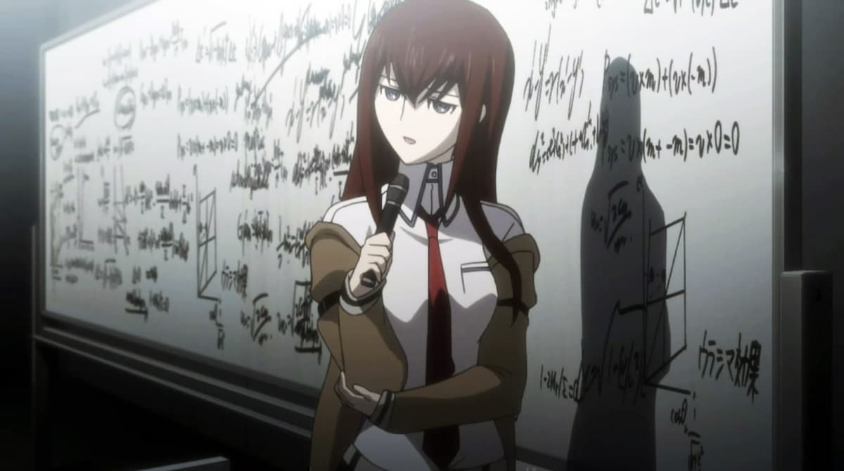 Screenshot of Makise Kurisu in Steins;Gate anime giving lecture.