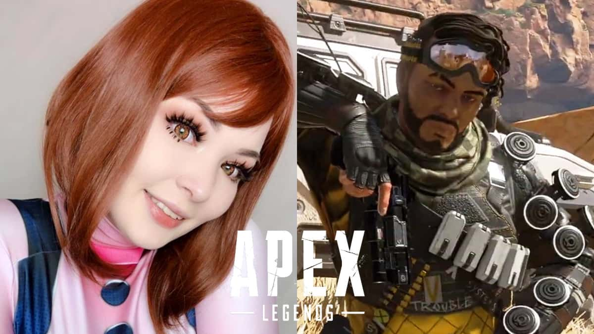 Cosplayer Sarenji next to Mirage from Apex Legends