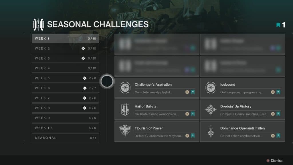 Destiny 2 Season 13 Seasonal Challenges Screen