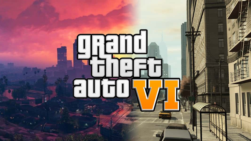 GTA 6 logo on Los Santos/Liberty City background