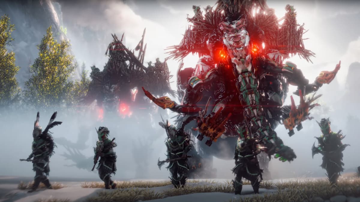 Four people stand armored in front of a gigantic mechanical creature, surrounded by fog