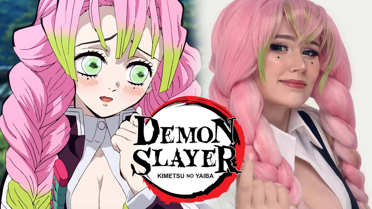 Screenshot of Demon Slayer's Mitsuri next to cosplayer.