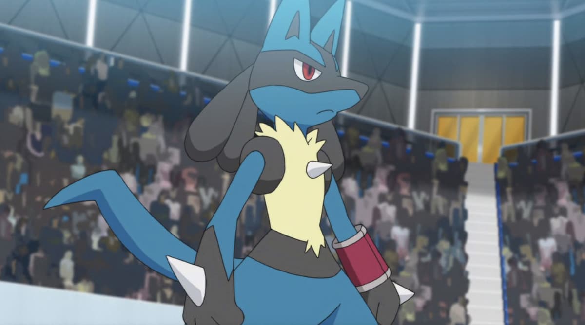 Screenshot of Lucario battling in Pokemon anime.