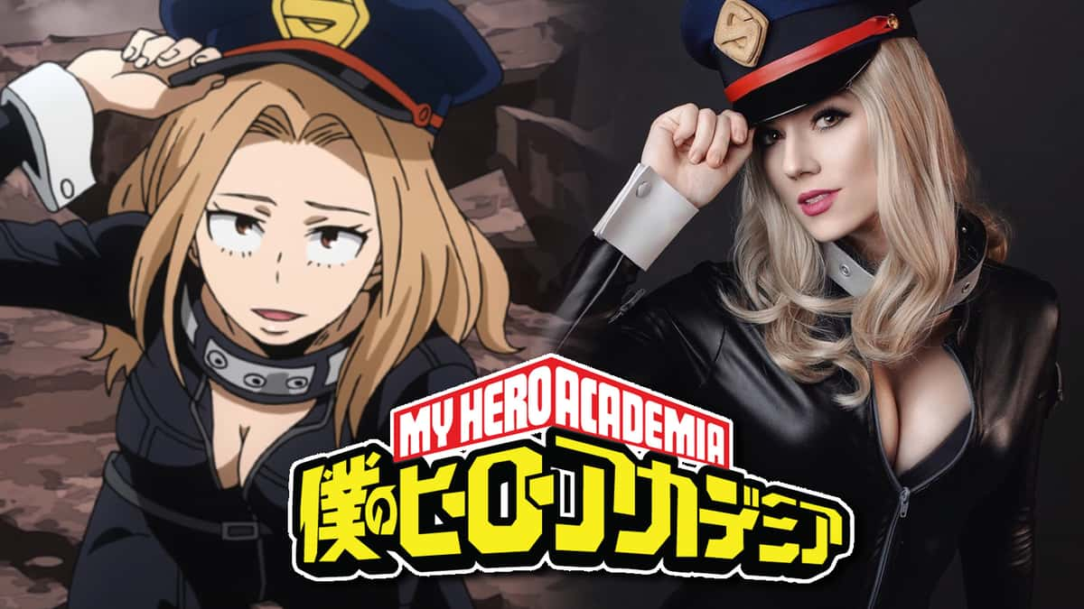 Screenshot of Camie from My Hero Academia anime next to cosplayer.