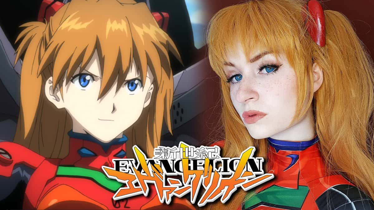 Asuka Langley from Evangelion anime next to cosplayer.