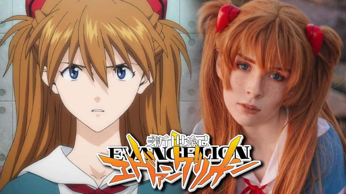 Evangelion protagonist Asuka Langley next to cosplayer.