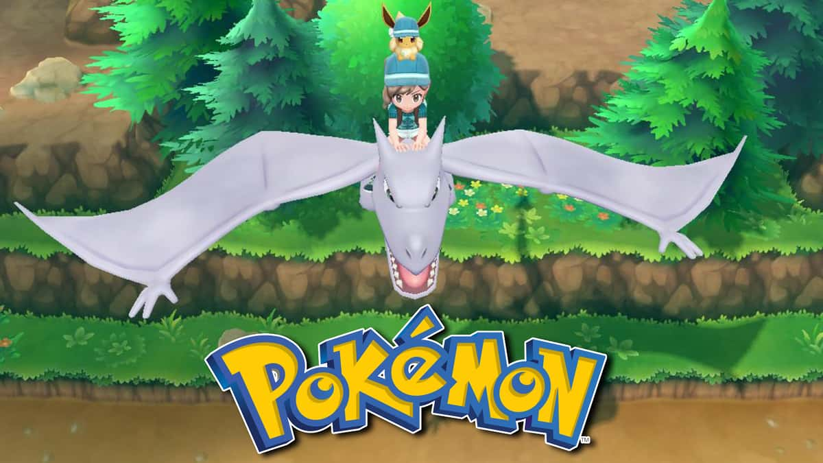 Pokemon Lets Go sceenshot of player riding aerodactyl.