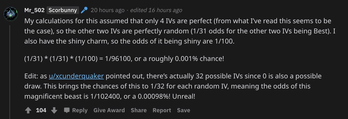 Screenshot of Pokemon player explaining the insane odds of their Shiny catch.