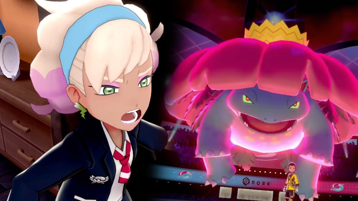 Screenshot of Pokemon Sword Shield Crown Tundra Peonia next to G-Max Ve