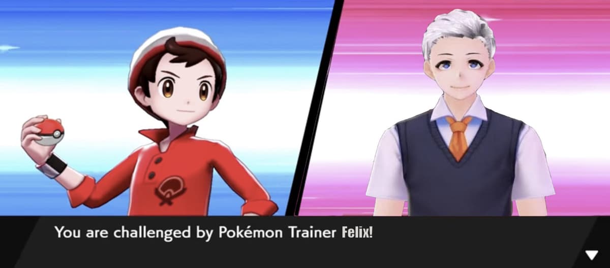 Screenshot of Pokemon Sword & Shield protagonist challenged by PewDiePie avatar.