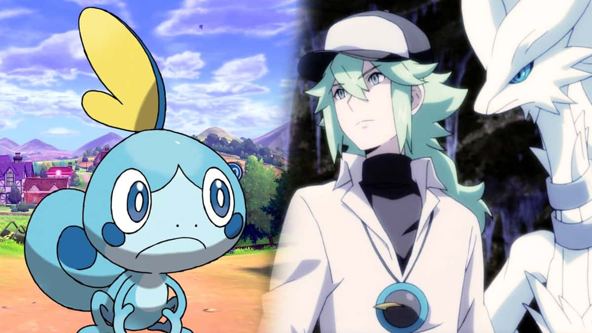 Screenshot of Sword & Shield starter Sobble next to Pokemon Black & White protagonist N.