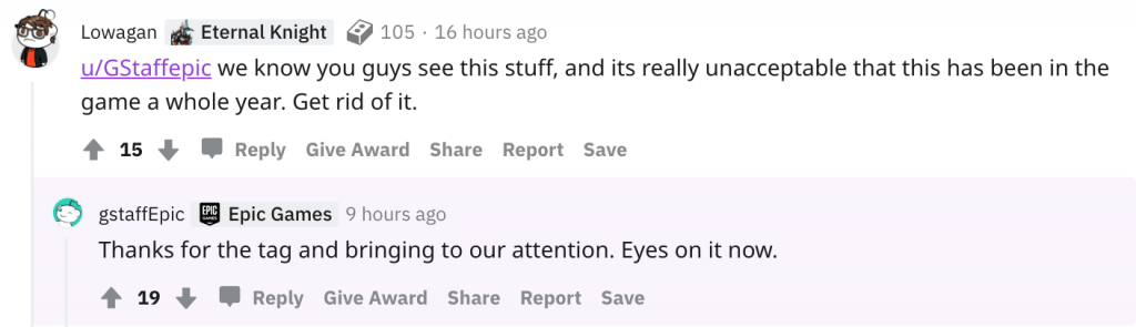 Reddit response on Fortnite Controller Inventory bug