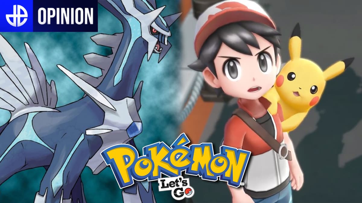 Screenshot of Diamond & Pearl Legendary Dialga next to Pokemon Let's Go Pikachu protagonist and Pikachu.