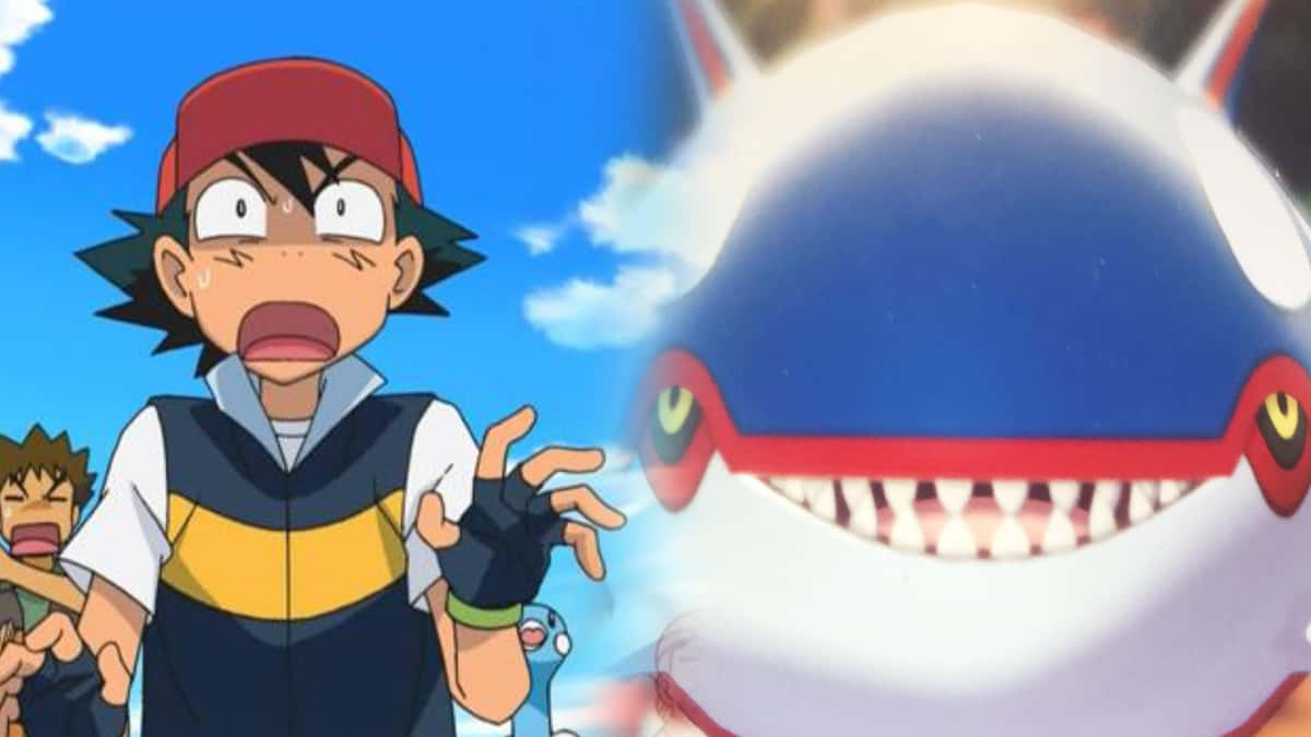 Screenshot of Ash Ketchum in Pokemon anime next to Legendary Kyogre.