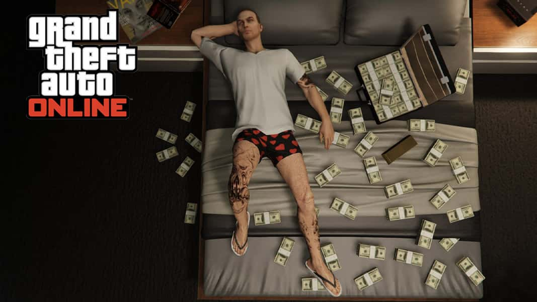 GTA Online character laying down with money