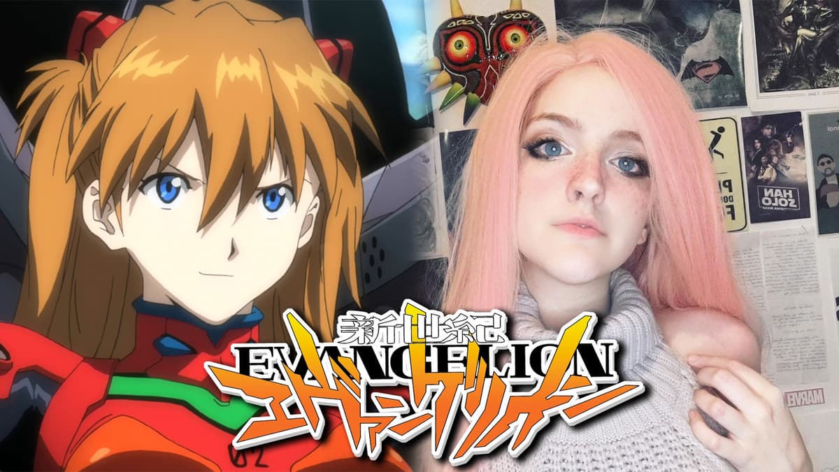 Screenshot of Asuka Langley in Evangelion anime next to cosplayer.