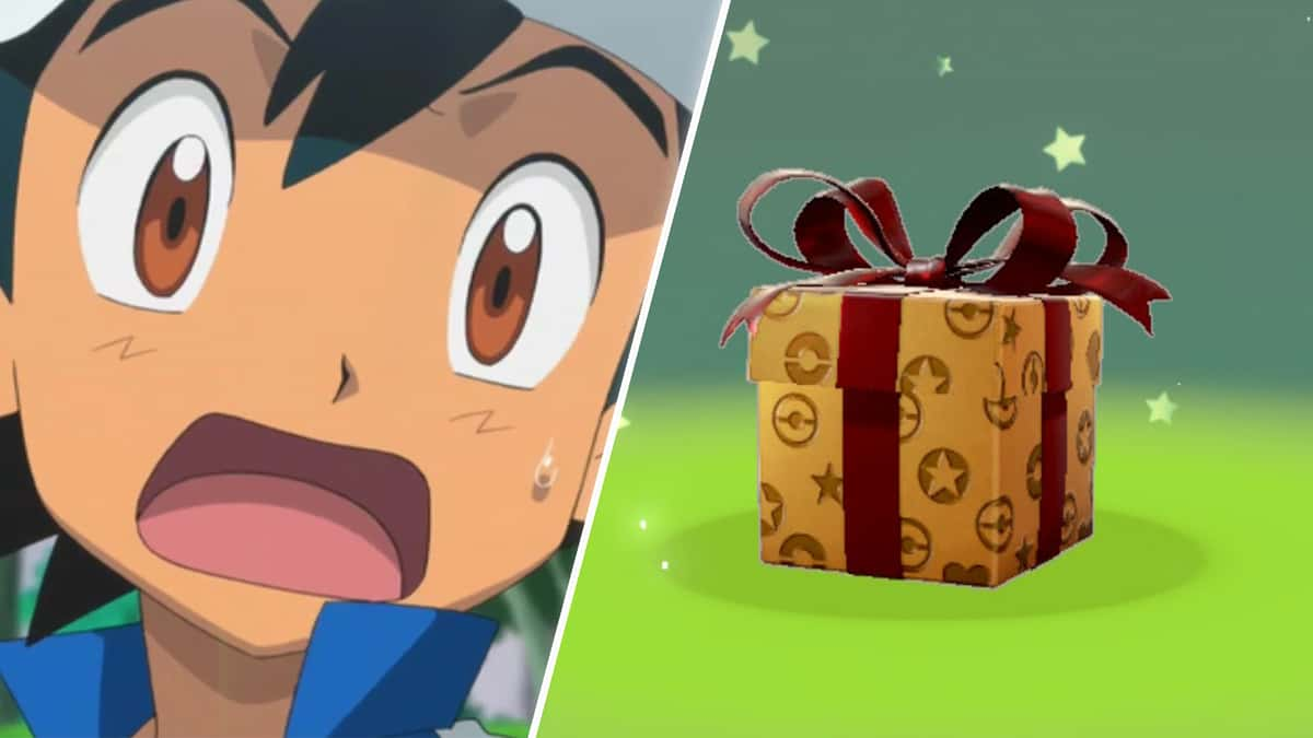 Screenshot Ash Ketchum from Pokemon anime next to Sword & Shield mystery gift.