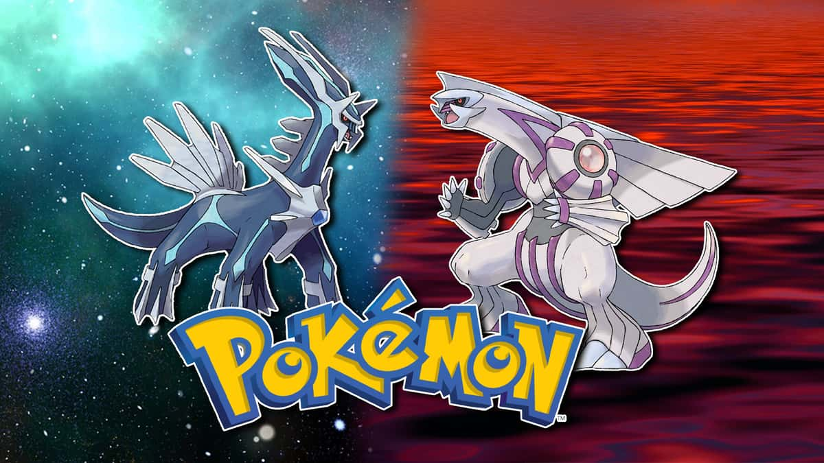 Screenshot of Pokemon Diamond & Pearl Legendaries Dialga & Palkia over stock images.