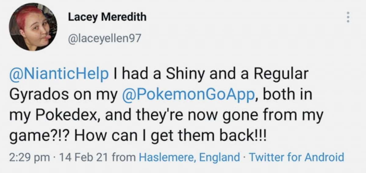 Screenshot of Pokemon fan claiming their Shiny Gyrados disappeared.