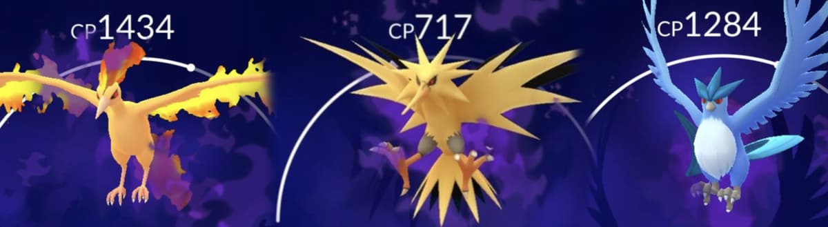 Screenshot of Shadow Moltres, Shadow Zapdos, and Shadow Articuno in Pokemon Go.