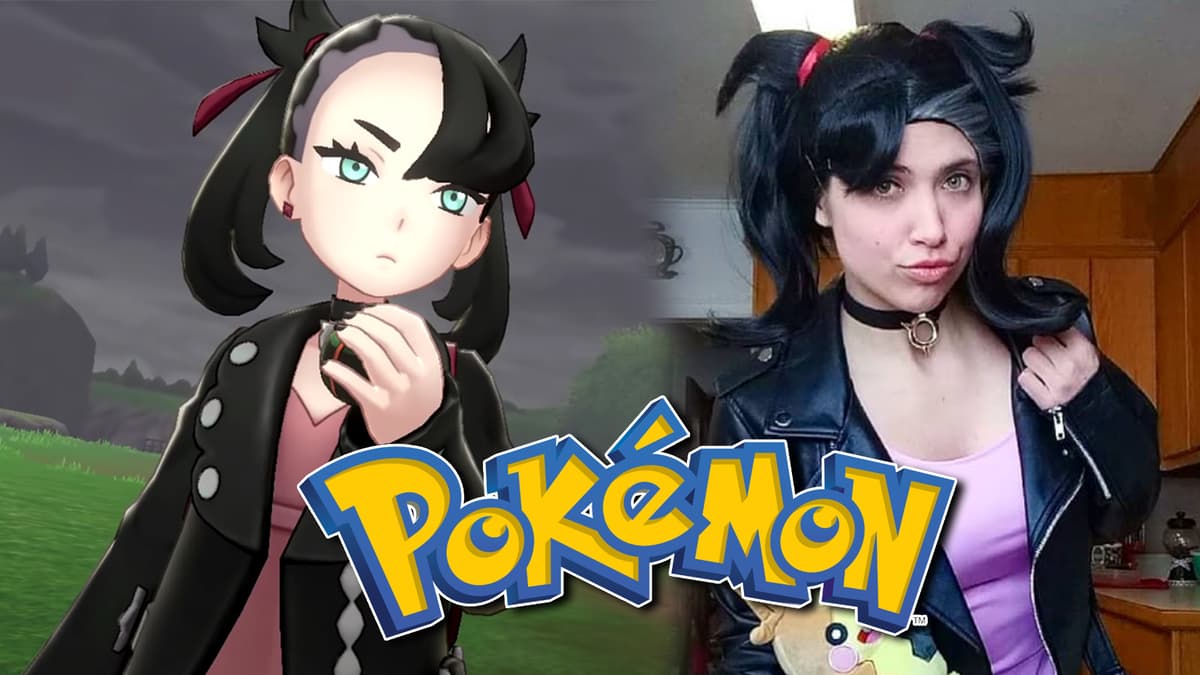 Screenshot of Marnie from Pokemon Sword & Shield next to cosplayer.