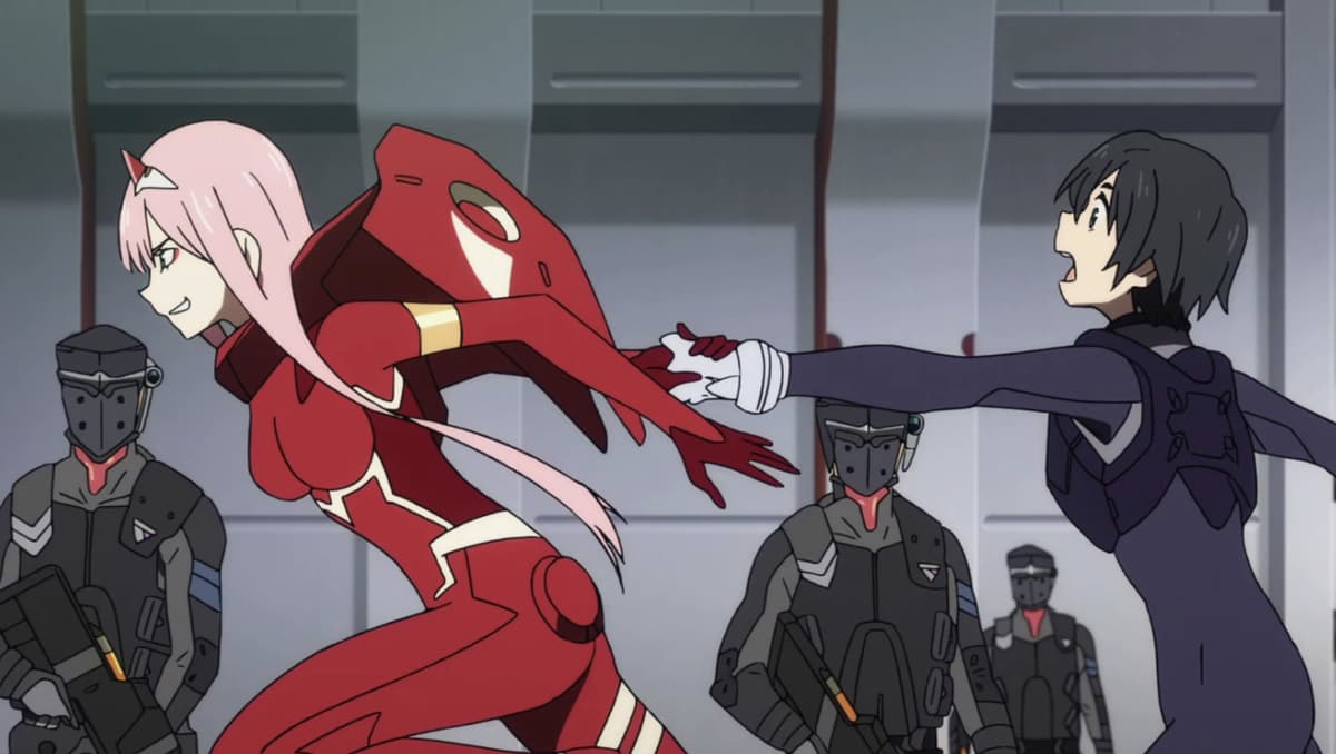 Screenshot of Zero Two dragging Hiro in Darling in the Franxx anime.