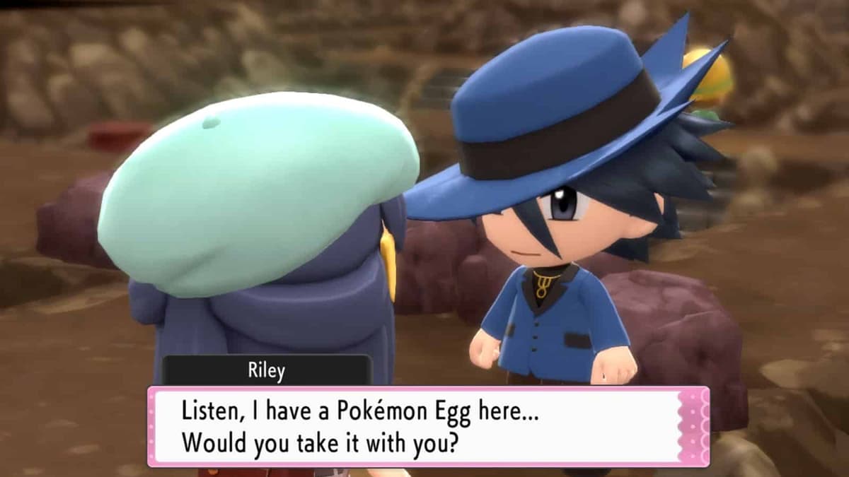 Pokemon Brilliant Diamond & Shining Pearl screenshot of Riley giving Riolu egg