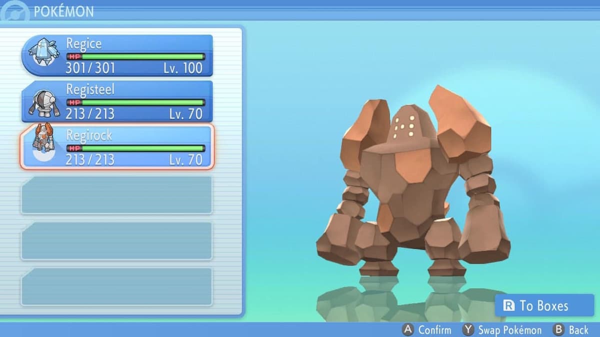 Pokemon Brilliant Diamond & Shining Pearl Regi Trio party screenshot