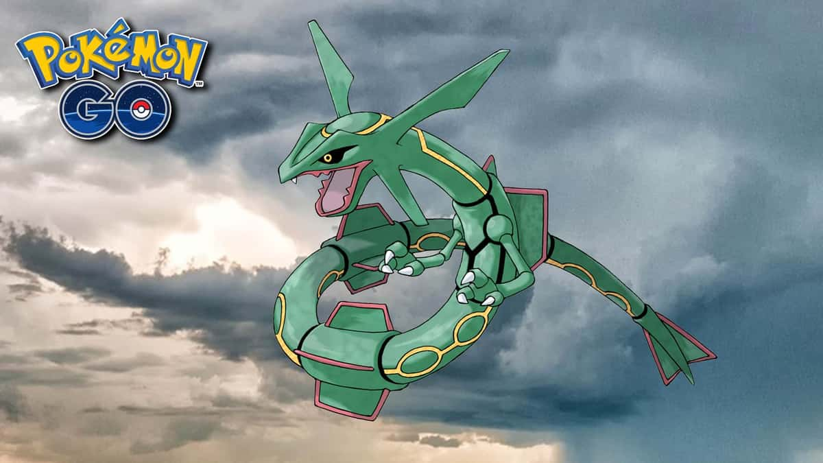 Legendary Pokemon Rayquaze above clouds next to Pokemon Go logo.