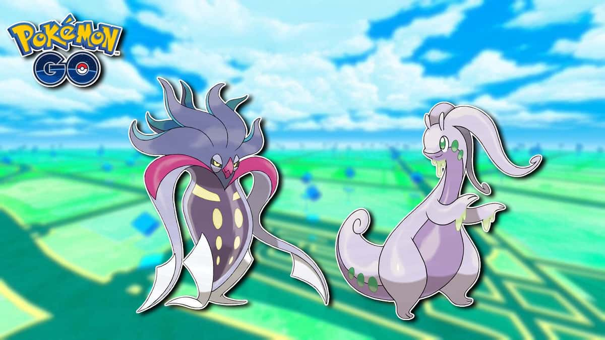 Screenshot of Malamar & Goodra in front of Pokemon Go logo.