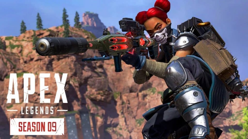 Lifeline with a sniper next to Apex Season 9 logo