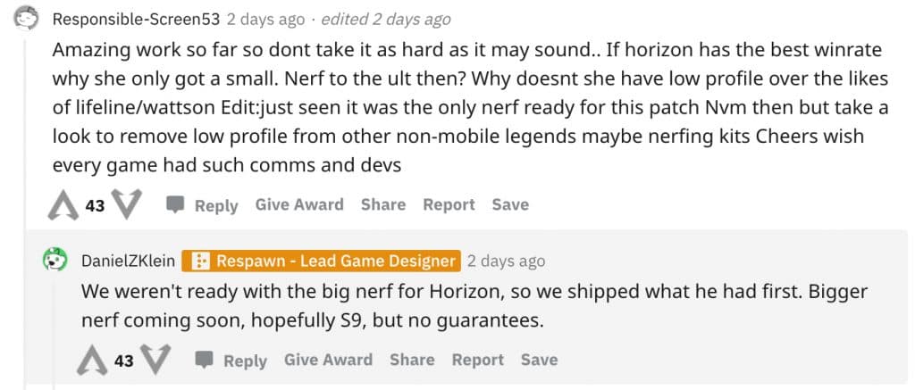 Reddit Response Respawn Horizon Nerf