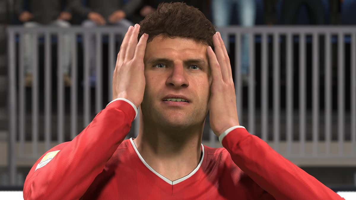 Thomas Muller hands on head in FIFA 21 Ultimate Team after lawsuit scripting.