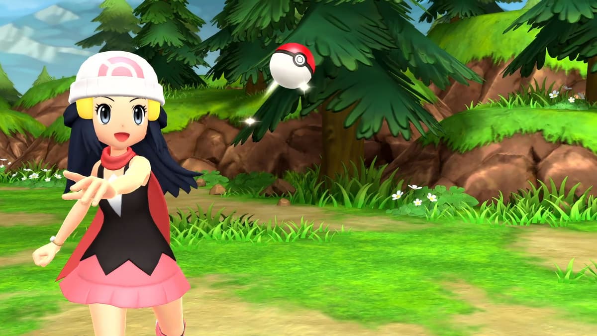 Screenshot of Dawn in Pokemon Brilliant Diamond & Shining Pearl trailer throwing Pokeball.