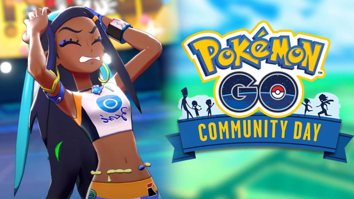 Screenshot of Pokemon Sword & Shield gym leader Nessa angry next to Pokemon Go Community Day logo.