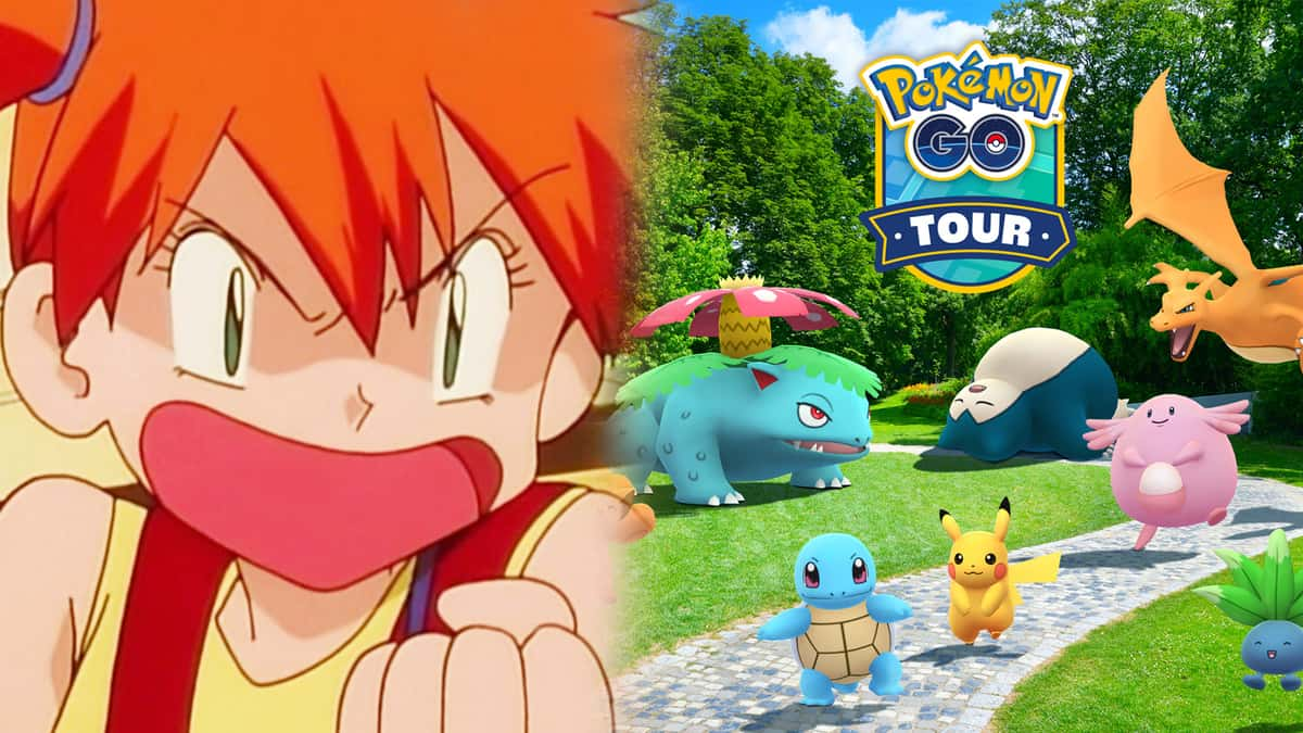 Screenshot of angry Misty from Pokemon anime next to Pokemon Go Kanto Tour promotion.