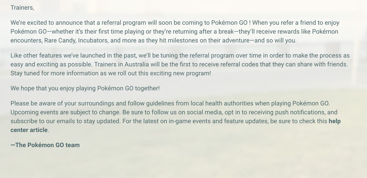 Screenshot of Niantic Referral Program Blog post.