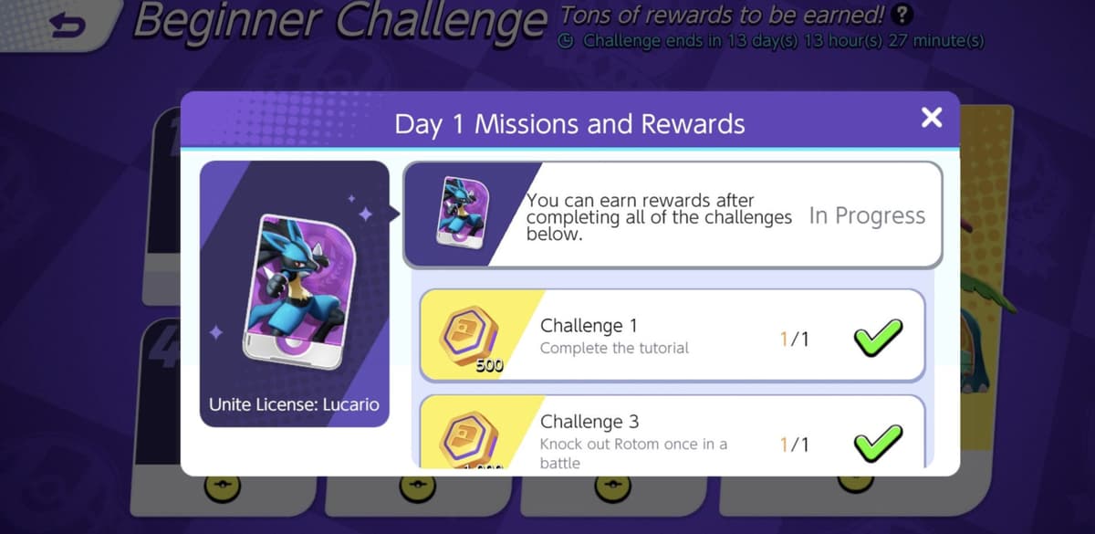 Screenshot of Pokemon Unite challenge screen.