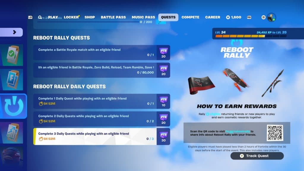 A screenshot featuring Reboot Rally quests in Fortnite Chapter 2 Remix.