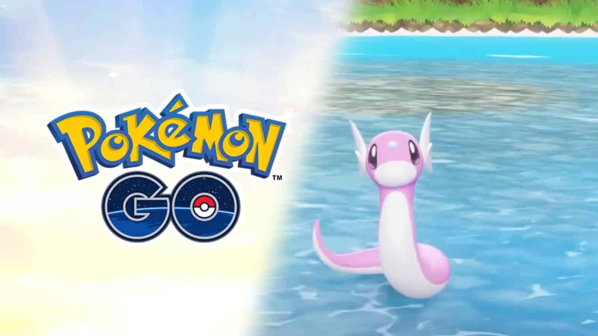 Pokemon Go logo next to Dratini in Lets Go Pikachu