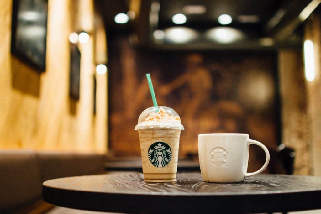 Starbucks drinks on a table