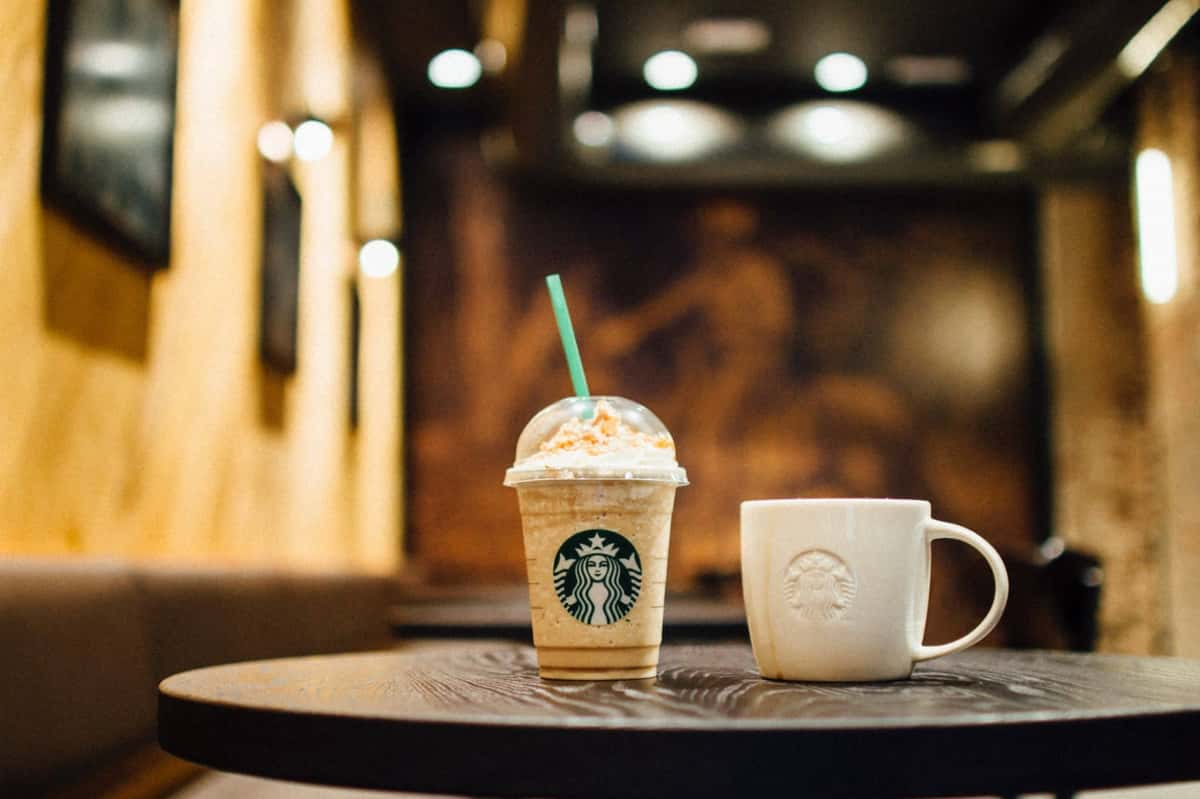 Starbucks drinks on a table