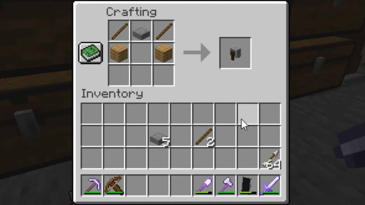 An image showing the grindstone after it has been made with a recipe and the crafting table in Minecraft