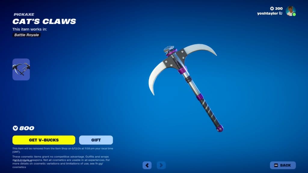 Screenshot in Fortnite of the Cat's Claws Pickaxe for Catwoman in the Item Shop.