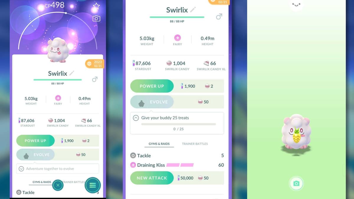 Screenshots from Pokemon Go show how to evolve Swirlix into Slurpuff