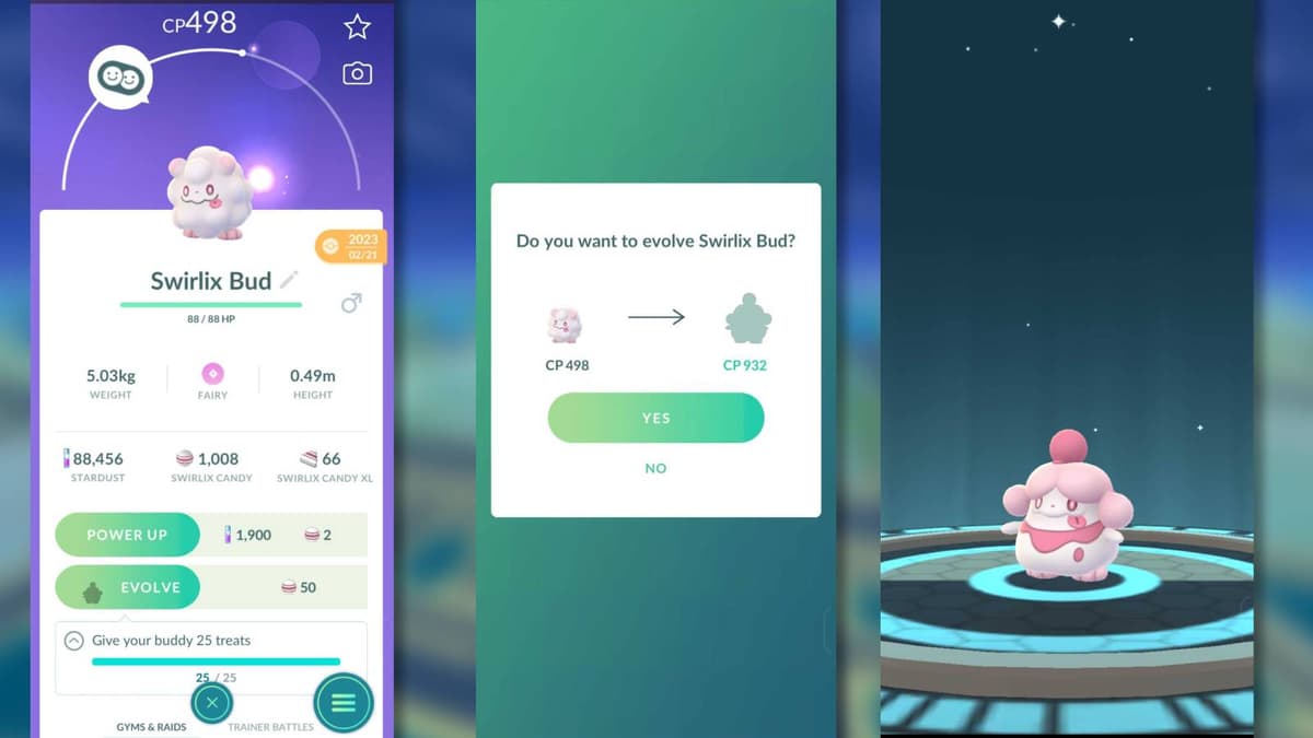 Screenshots from Pokemon Go show how to evolve Swirlix into Slurpuff